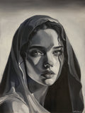 Artistic depiction of a woman wearing a headscarf with a neutral background