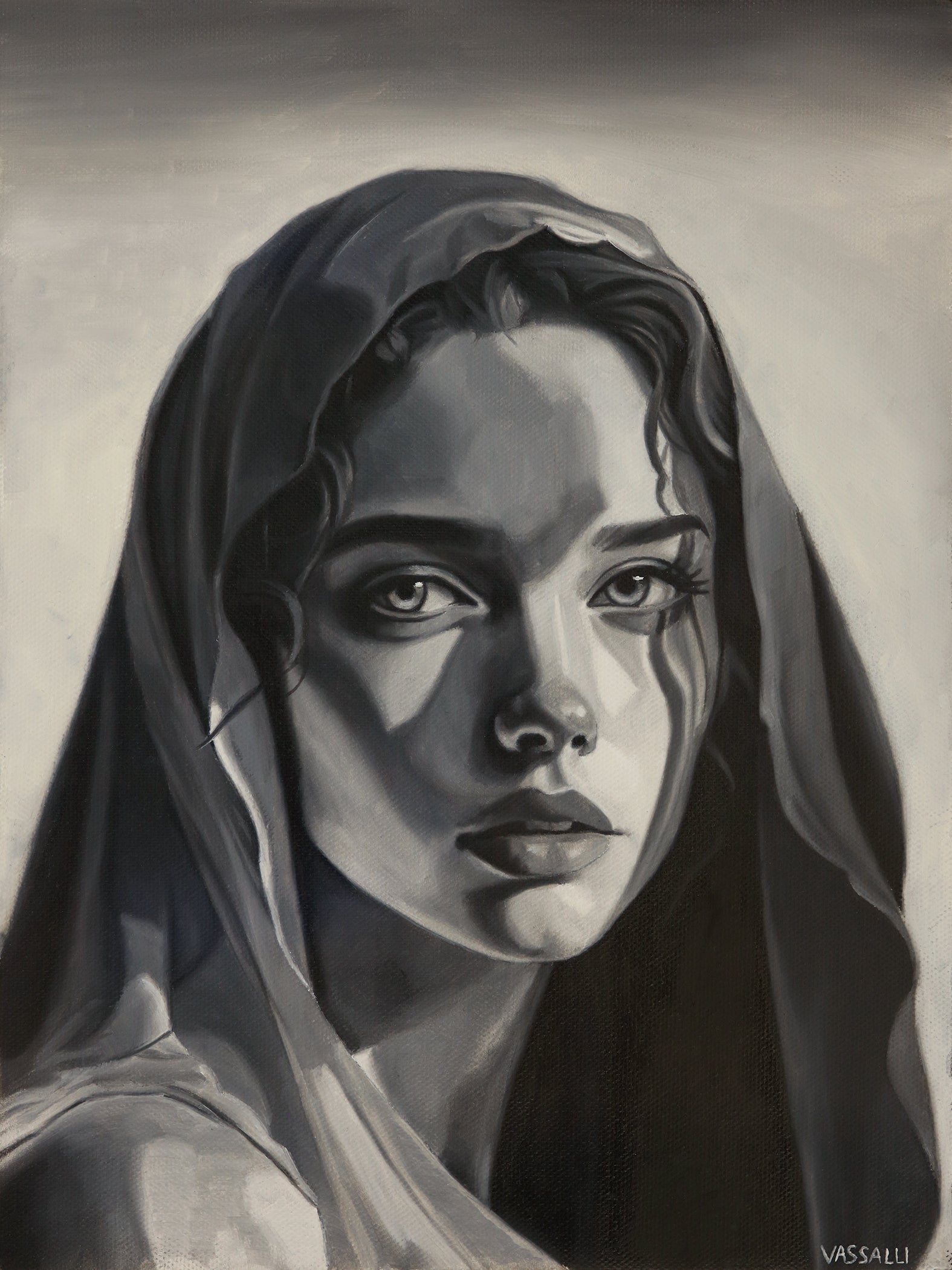 Artistic depiction of a woman wearing a headscarf with a neutral background
