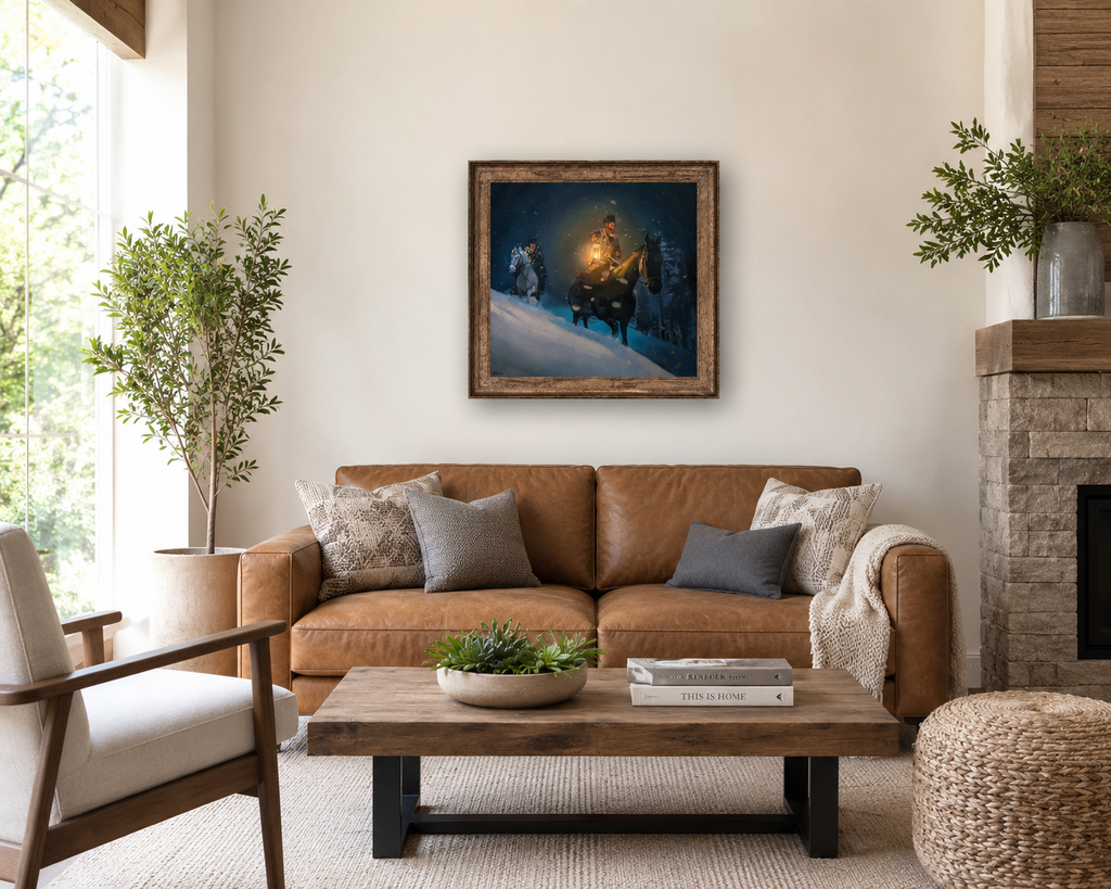 Living room with brown leather sofa, wooden coffee table, and framed original artwork by Anthony Vassalli on the wall.