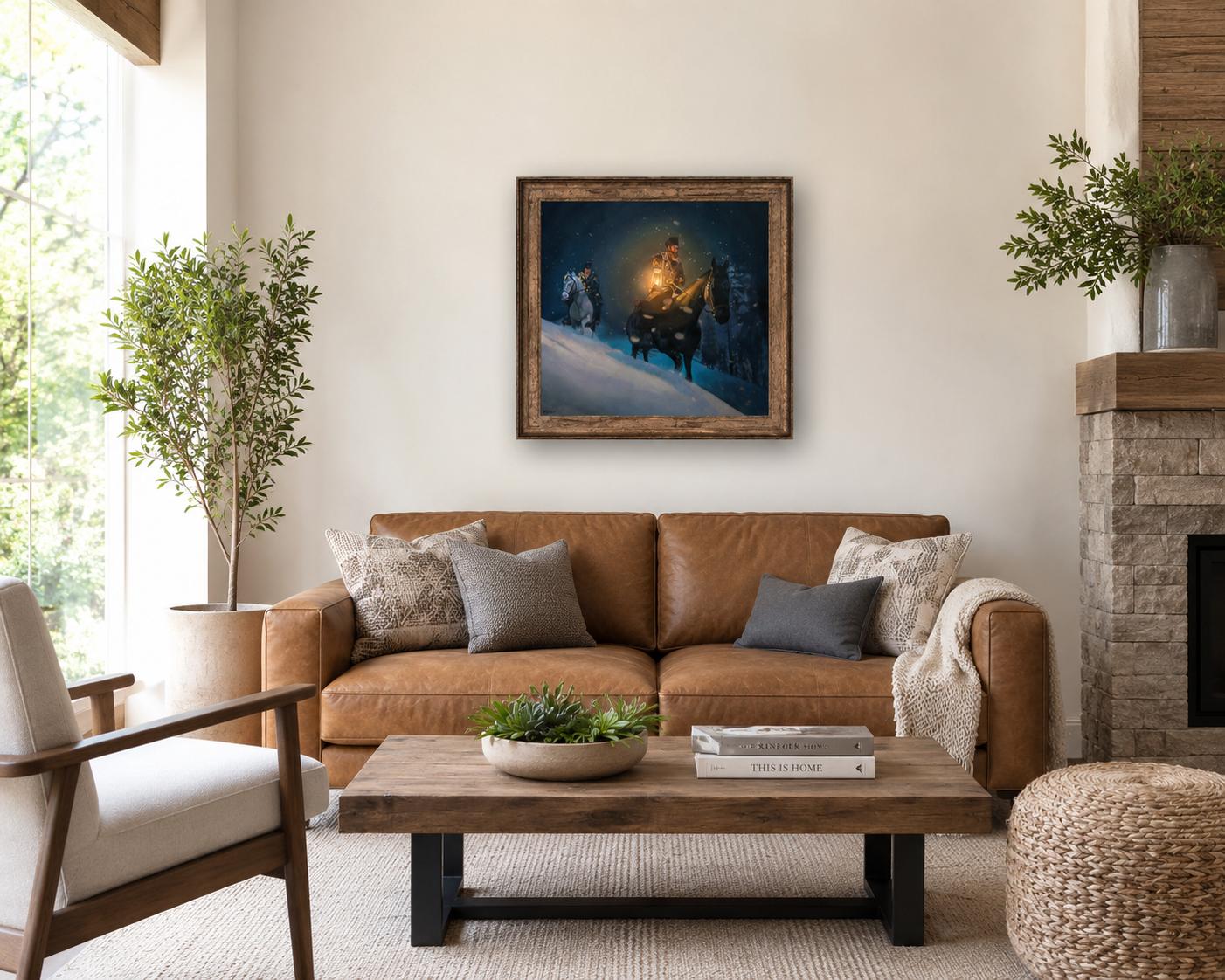 Living room with brown leather sofa, wooden coffee table, and framed original artwork by Anthony Vassalli on the wall.