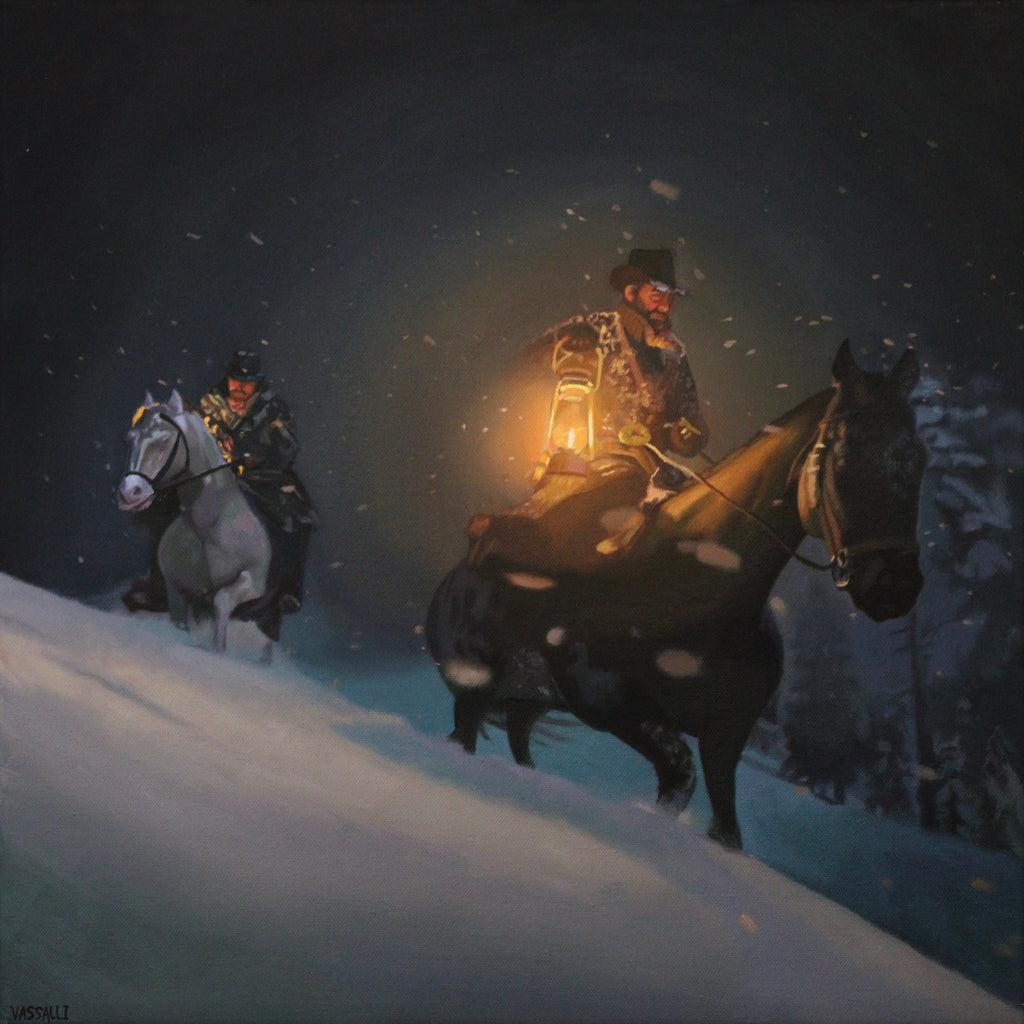 Two people on horseback in a snowy landscape at night, illuminated by lanterns. Original western oil painting by Anthony Vassalli