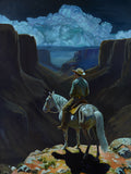 Original painting by Anthony Vassalli of a cowboy on horseback overlooking a desert landscape with cliffs and clouds.