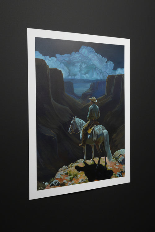 Original painting by Anthony Vassalli of a cowboy on horseback overlooking a desert landscape with cliffs and clouds.
