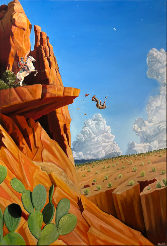 Surreal landscape with a outlaw cowboy falling from a cliff and a cowboy on horse on a ledge. Beautiful Clouds. Western Landscape.