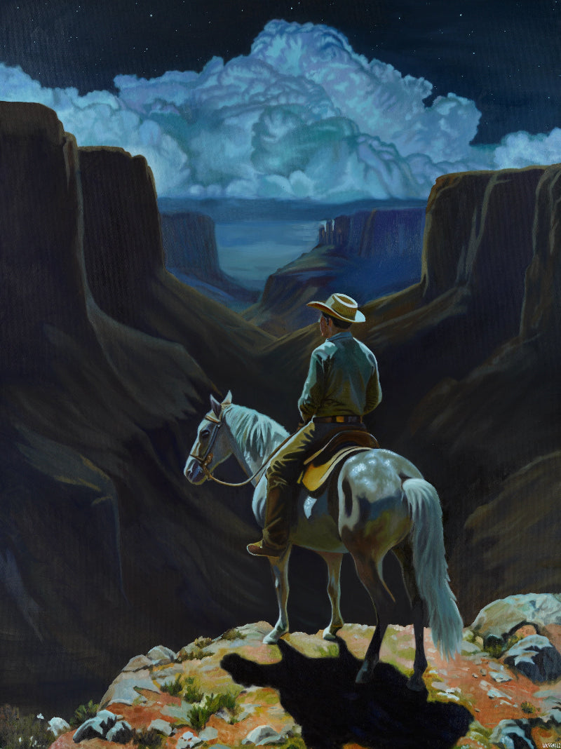 Image of original artwork by Anthony Vassalli, showing cowboy on horseback overlooking majestic dark canyon at night with billowing clouds. Western Painting.