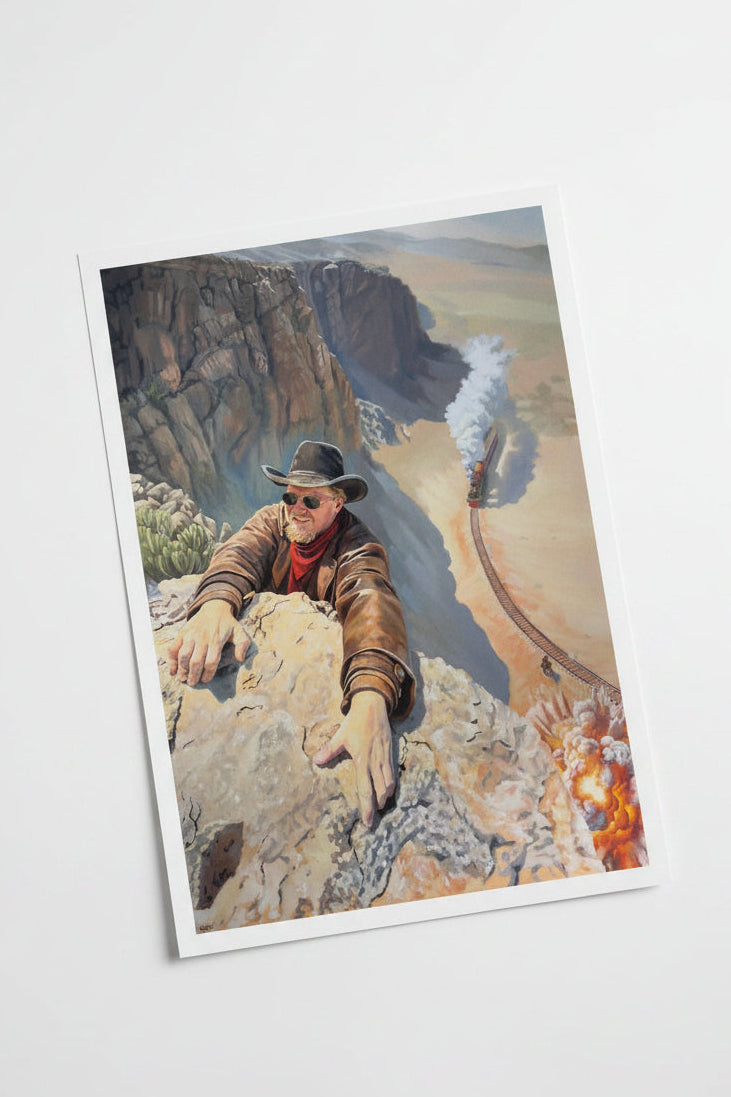 Image depicting Original artwork of Anthony Vassalli depicting cowboy climbing cliff with explosion and train in background.